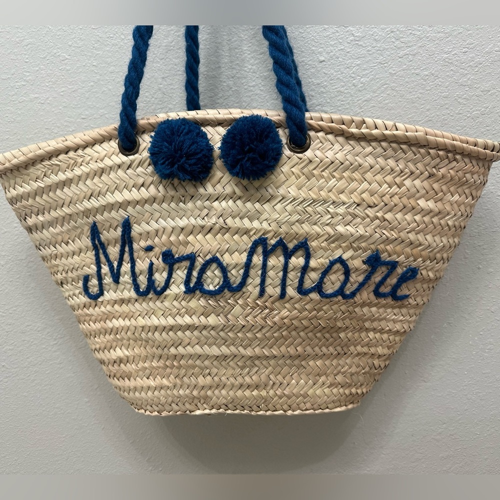 Trendy Straw Woven Beach Bag Vacation Tote with Pom Poms and Miramare Lettering